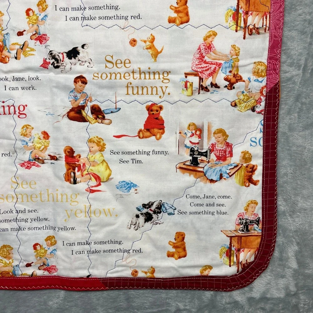 Handmade Baby Kids Lap Quilt Vintage Dick and Jane Storybook Print 22x22